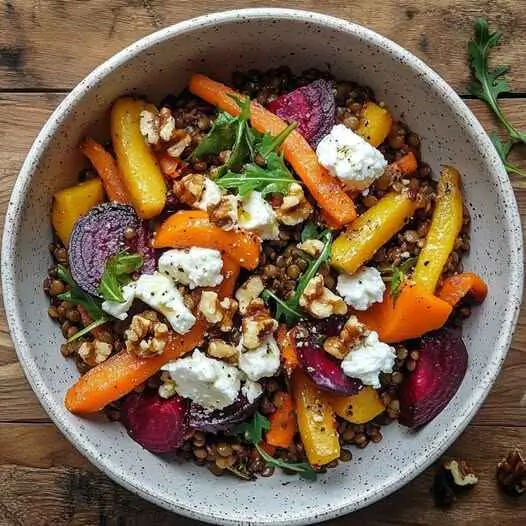 Salade Lentilles, Légumes Rôtis, Noix et Chèvre: Un Délice!