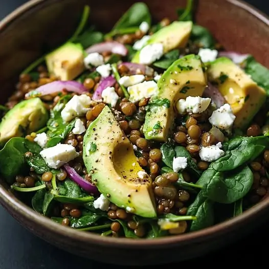 Salade Verte de Lentilles, Épinards et Avocat à la Sauce Citron-Gingembre