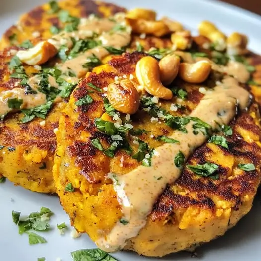 Steaks de Pois Chiches au Curry, Sauce au Coco et Noix de Cajou