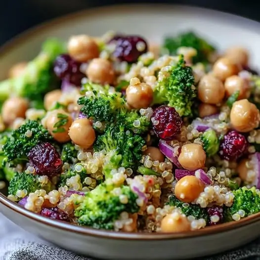 Salade Tiède de Brocoli, Quinoa et Pois Chiches, Sauce Tahini-Citron