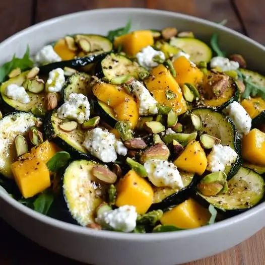 Salade de Courgettes Rôties, Mangue, Chèvre et Pistaches