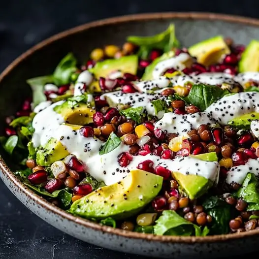 Lentilles, Avocat, Grenade et Sauce Yaourt-Tahini – Un Bol de Fraîcheur et de Gourmandise